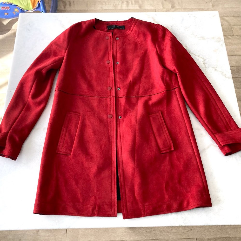 NWOT! New Zara long red faux suede jacket / coat, round neck (size M)